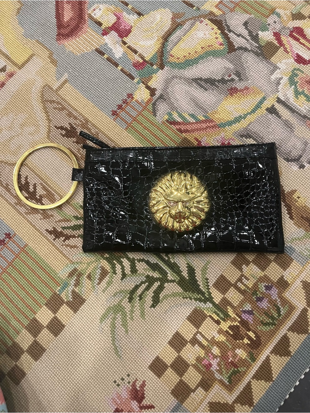 Black Faux-Croc Wristlet with Gold Lion Medallion